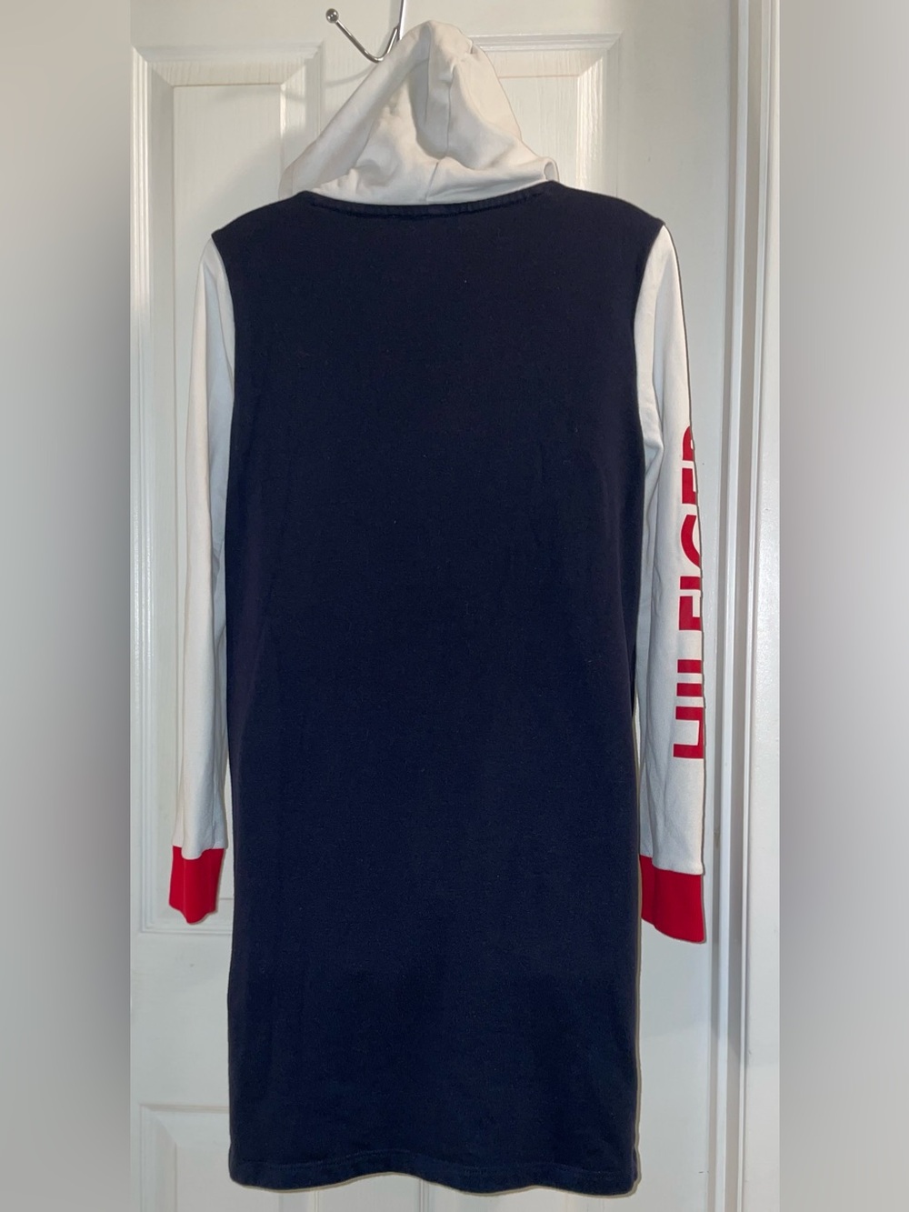 Tommy Hilfiger Navy Hooded Sweatshirt Dress with White Sleeves and Red Accents - Picture 4 of 9